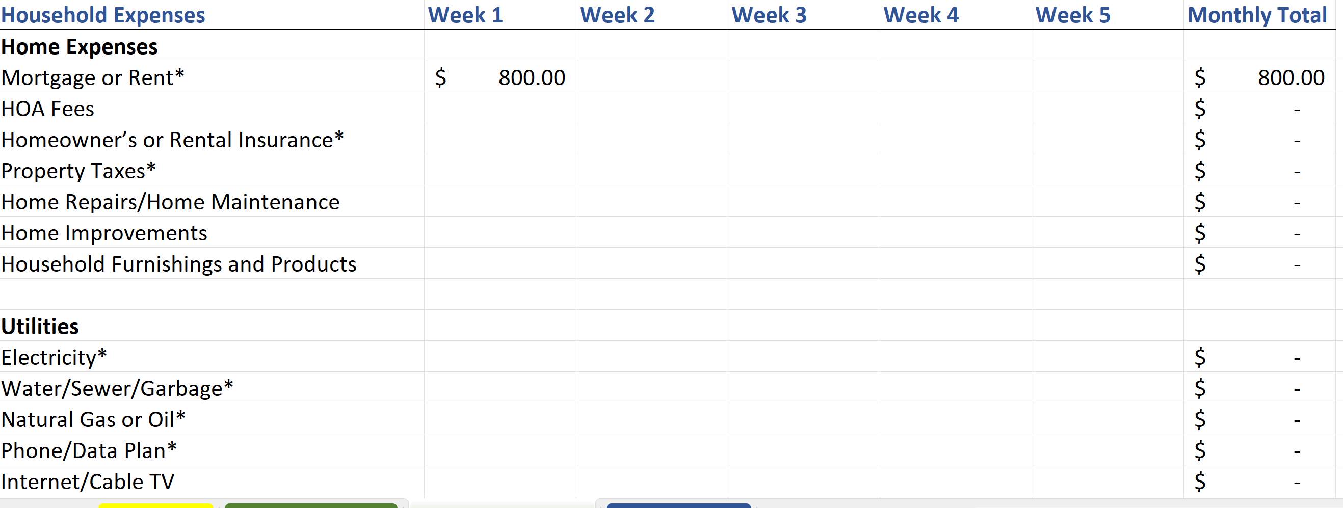 Household Budget Worksheet Expenses